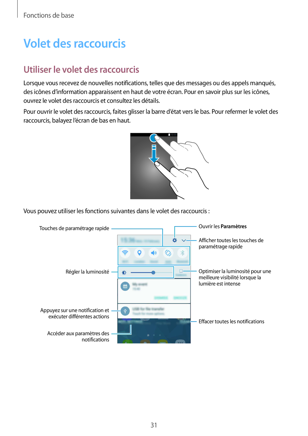 Samsung SM-G389FDSAXEF manual Volet des raccourcis, Utiliser le volet des raccourcis 