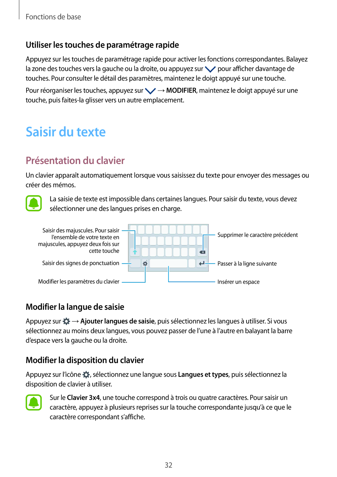 Samsung SM-G389FDSAXEF manual Saisir du texte, Présentation du clavier, Utiliser les touches de paramétrage rapide 