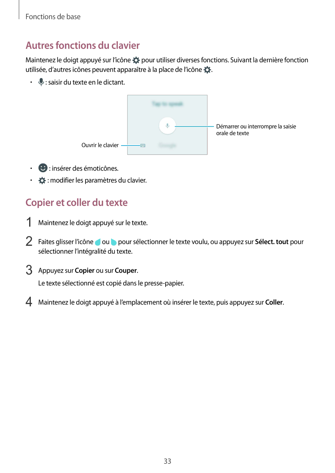 Samsung SM-G389FDSAXEF manual Autres fonctions du clavier, Copier et coller du texte 