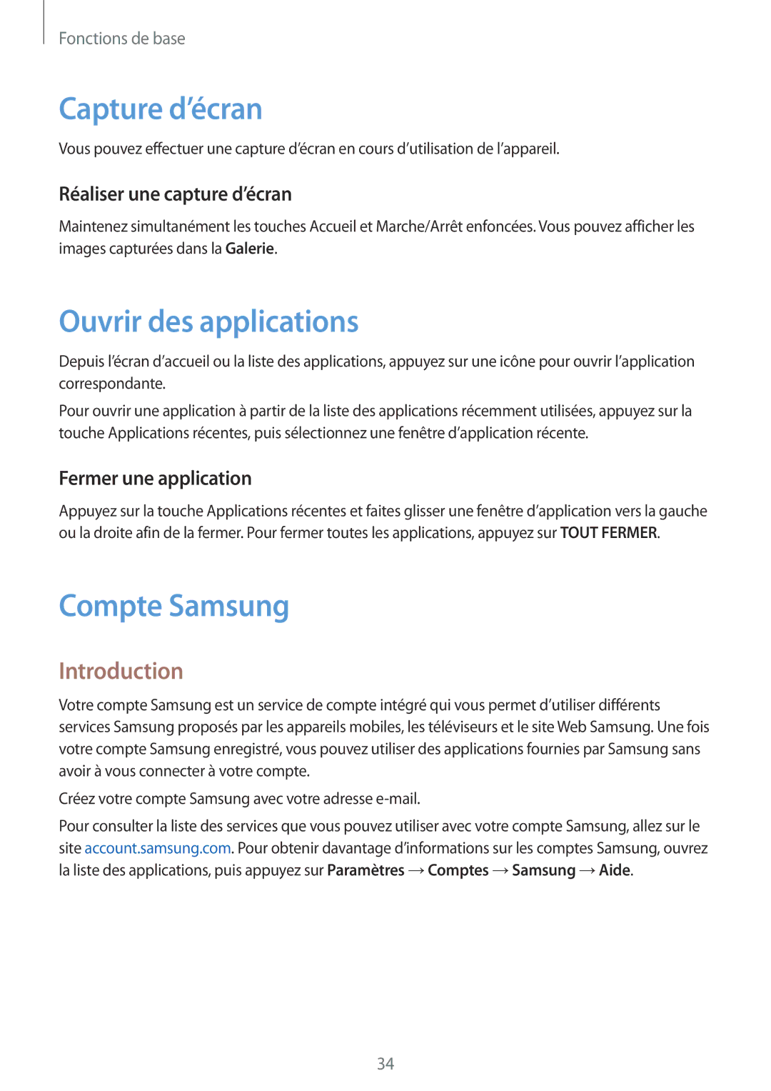 Samsung SM-G389FDSAXEF manual Capture d’écran, Ouvrir des applications, Compte Samsung, Introduction 