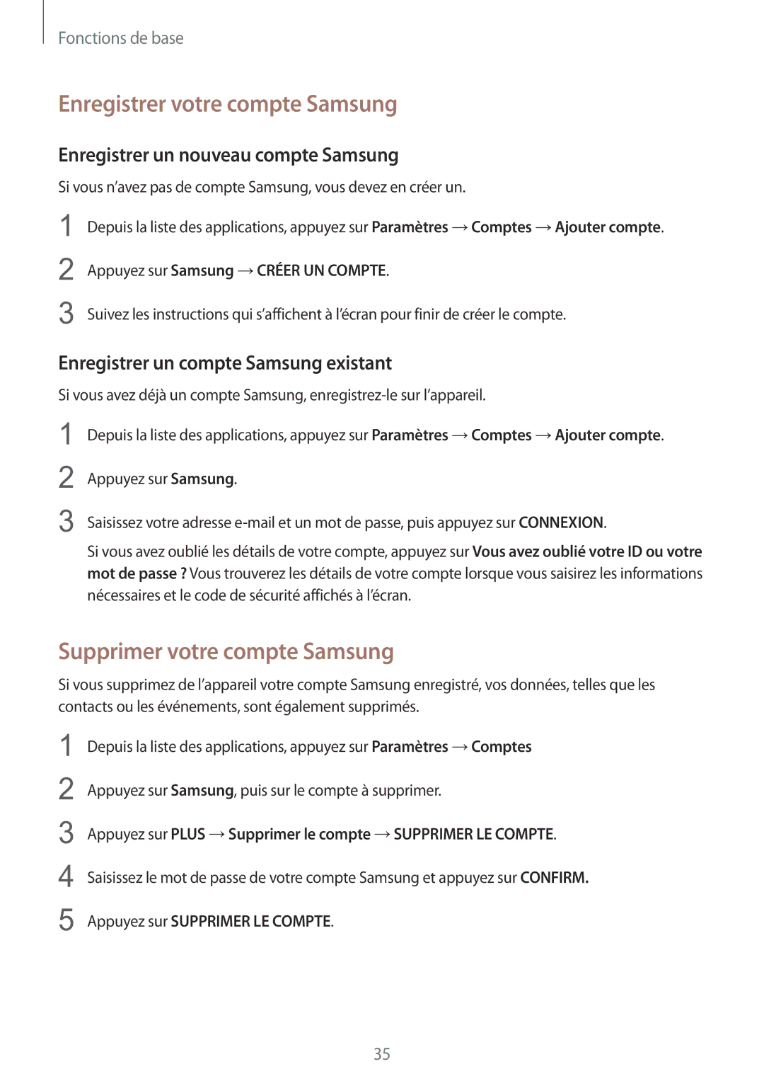 Samsung SM-G389FDSAXEF manual Enregistrer votre compte Samsung, Supprimer votre compte Samsung 