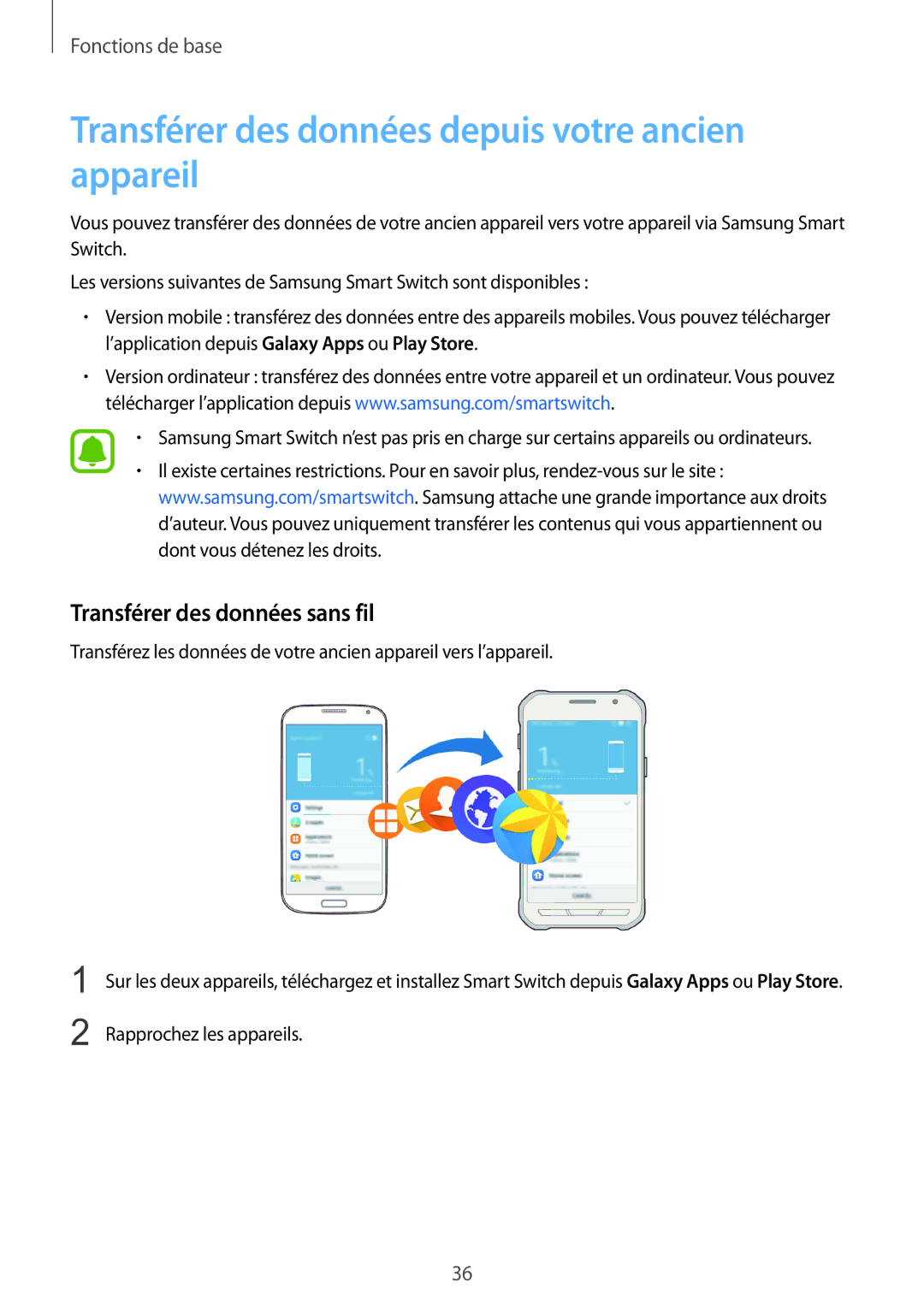 Samsung SM-G389FDSAXEF manual Transférer des données depuis votre ancien appareil, Transférer des données sans fil 