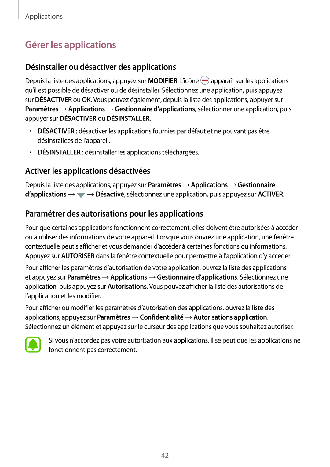 Samsung SM-G389FDSAXEF manual Gérer les applications, Désinstaller ou désactiver des applications 