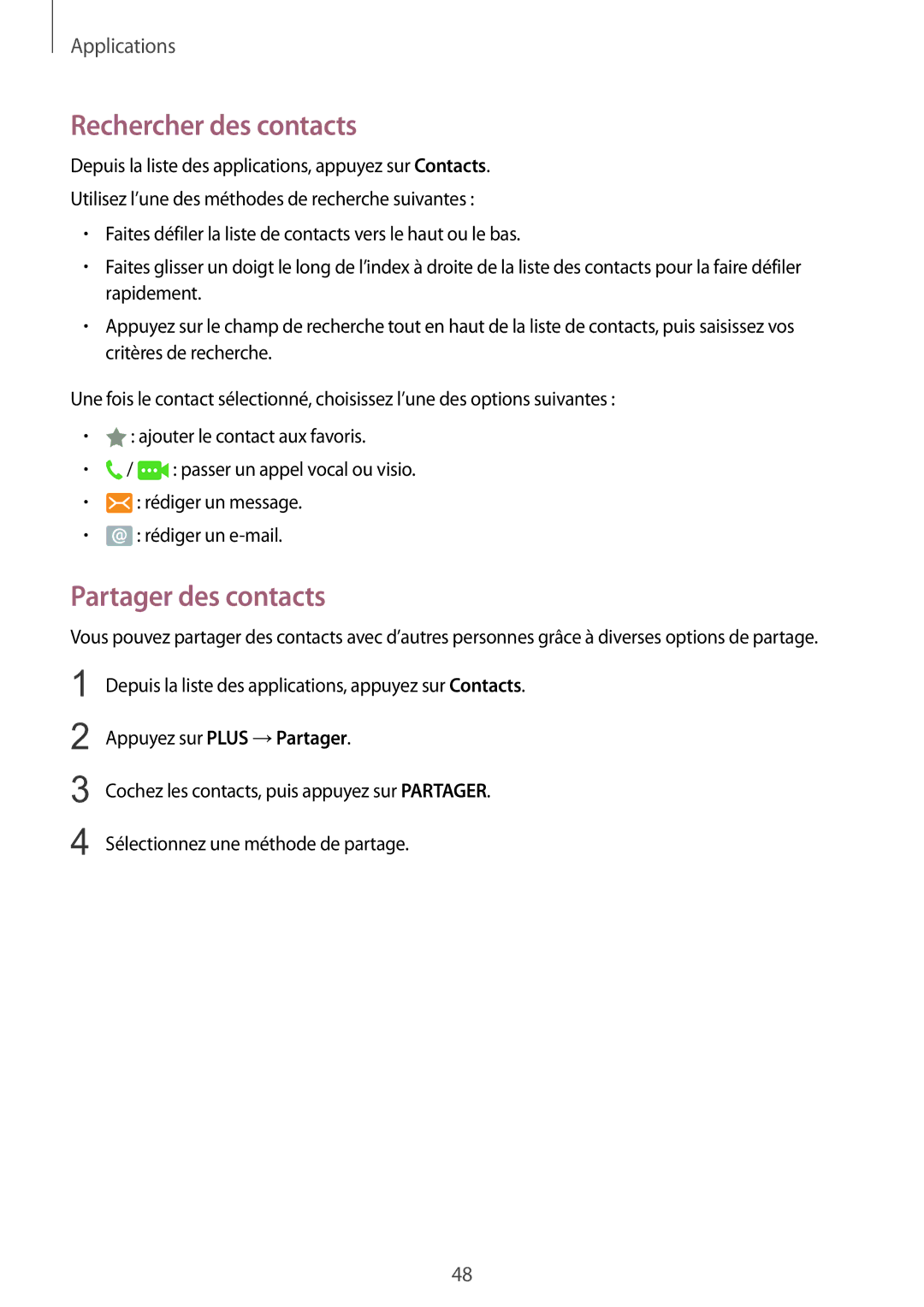 Samsung SM-G389FDSAXEF manual Rechercher des contacts, Partager des contacts 