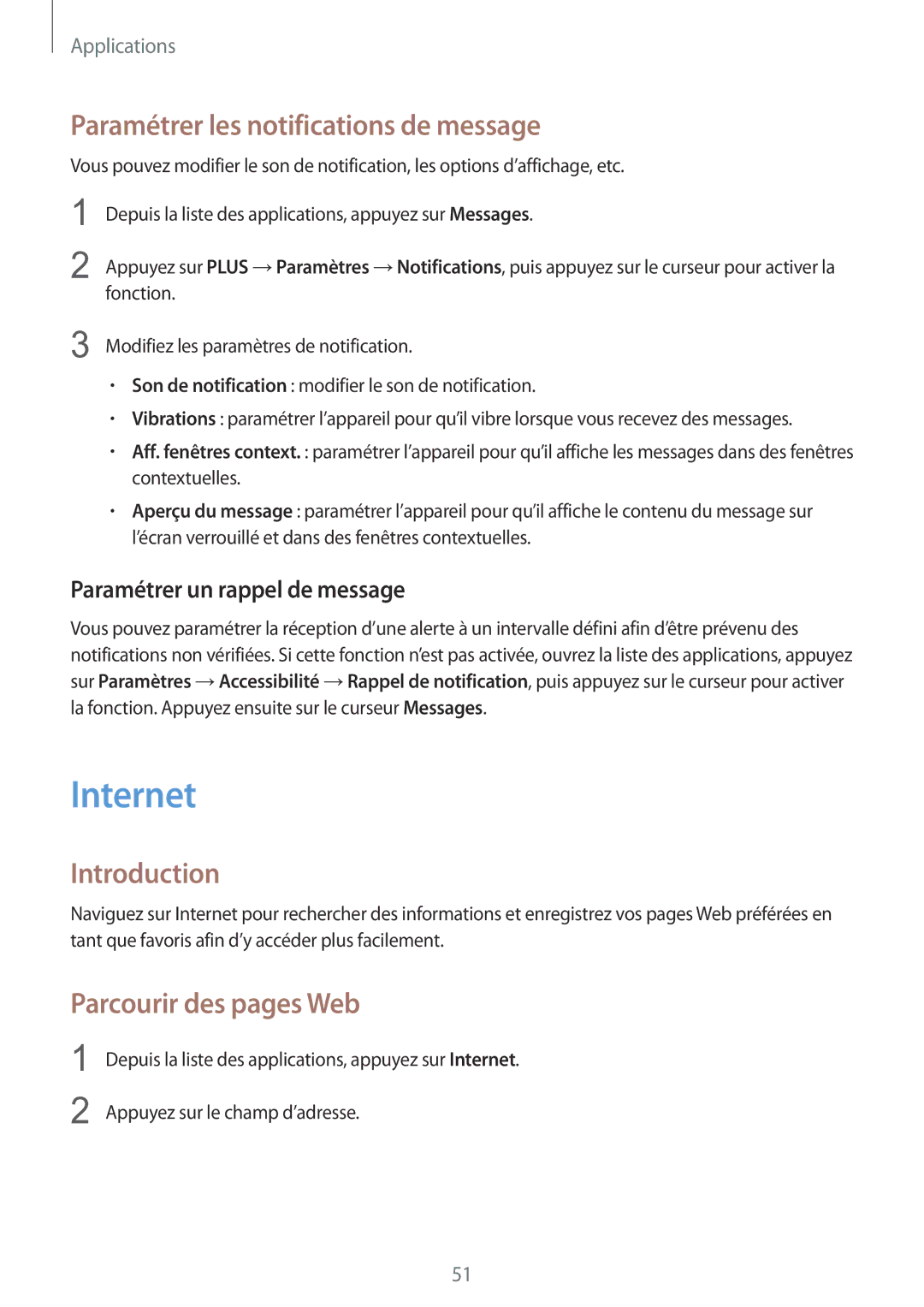 Samsung SM-G389FDSAXEF manual Internet, Paramétrer les notifications de message, Parcourir des pages Web 