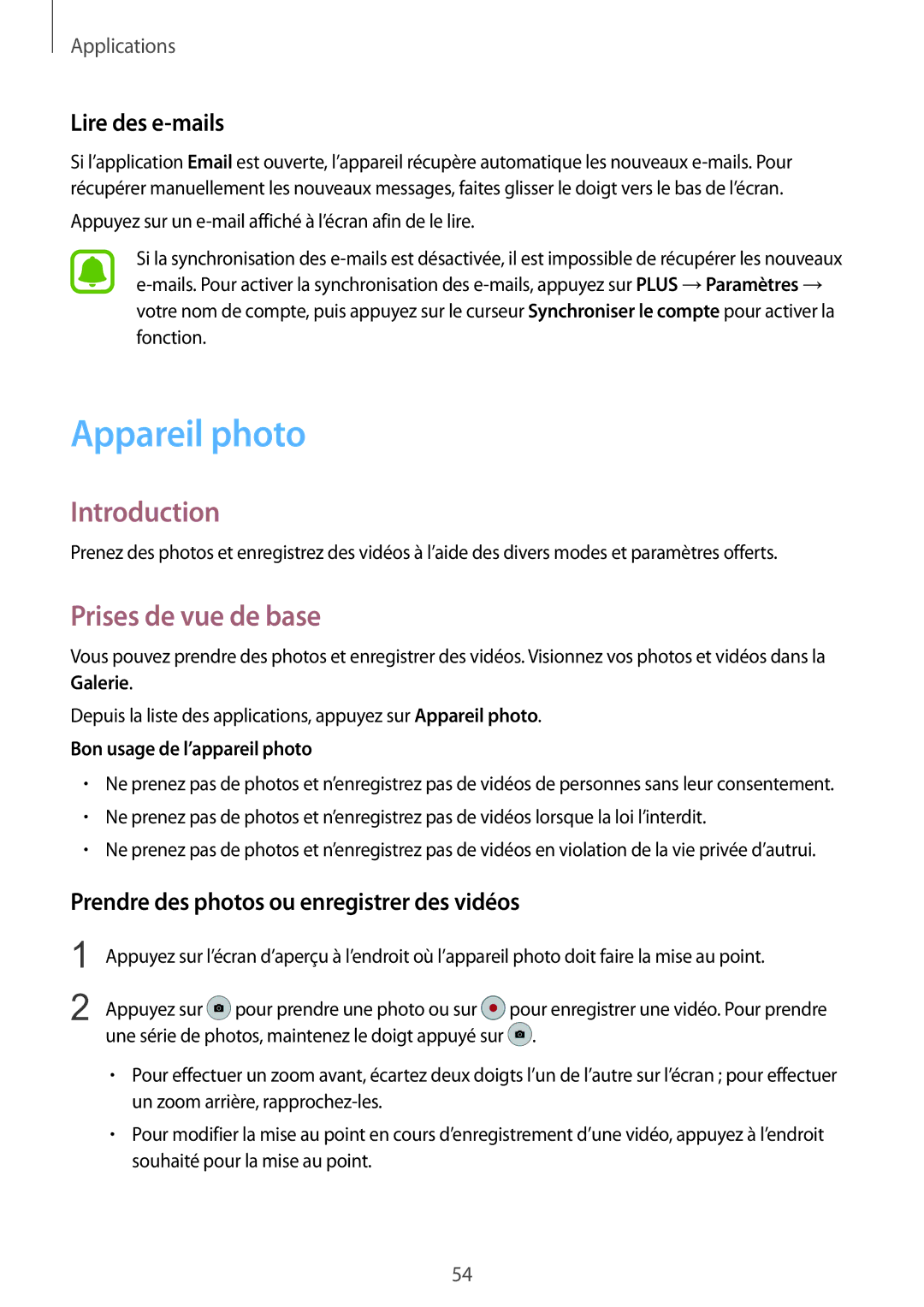 Samsung SM-G389FDSAXEF manual Appareil photo, Prises de vue de base, Lire des e-mails 