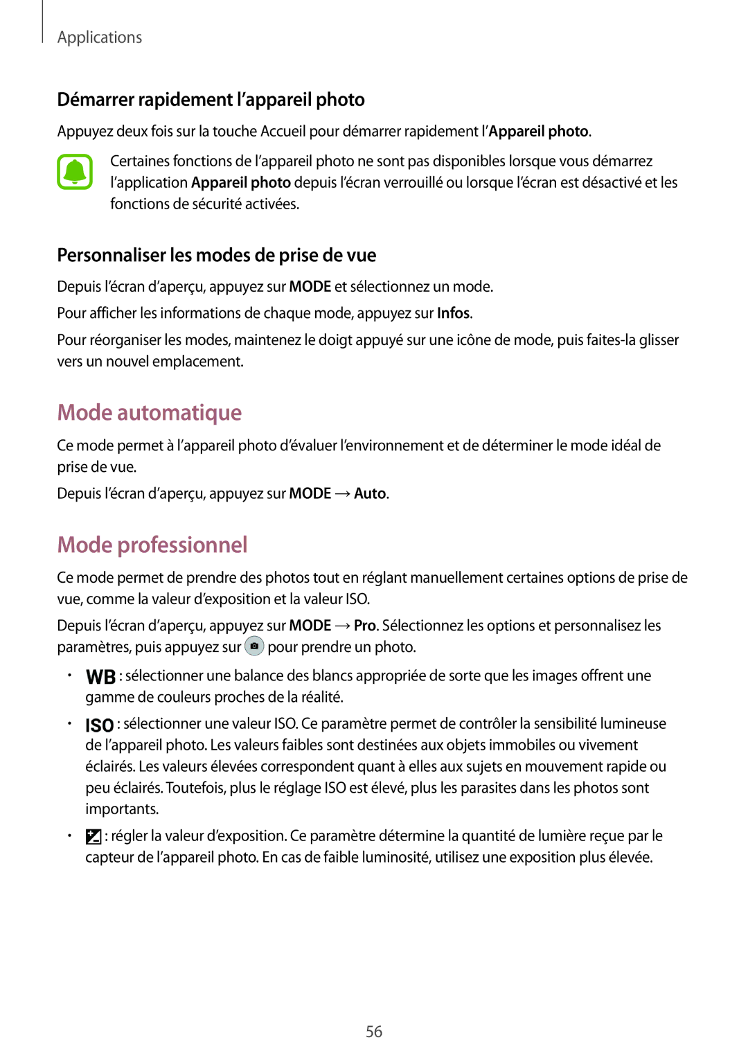 Samsung SM-G389FDSAXEF manual Mode automatique, Mode professionnel, Démarrer rapidement l’appareil photo 