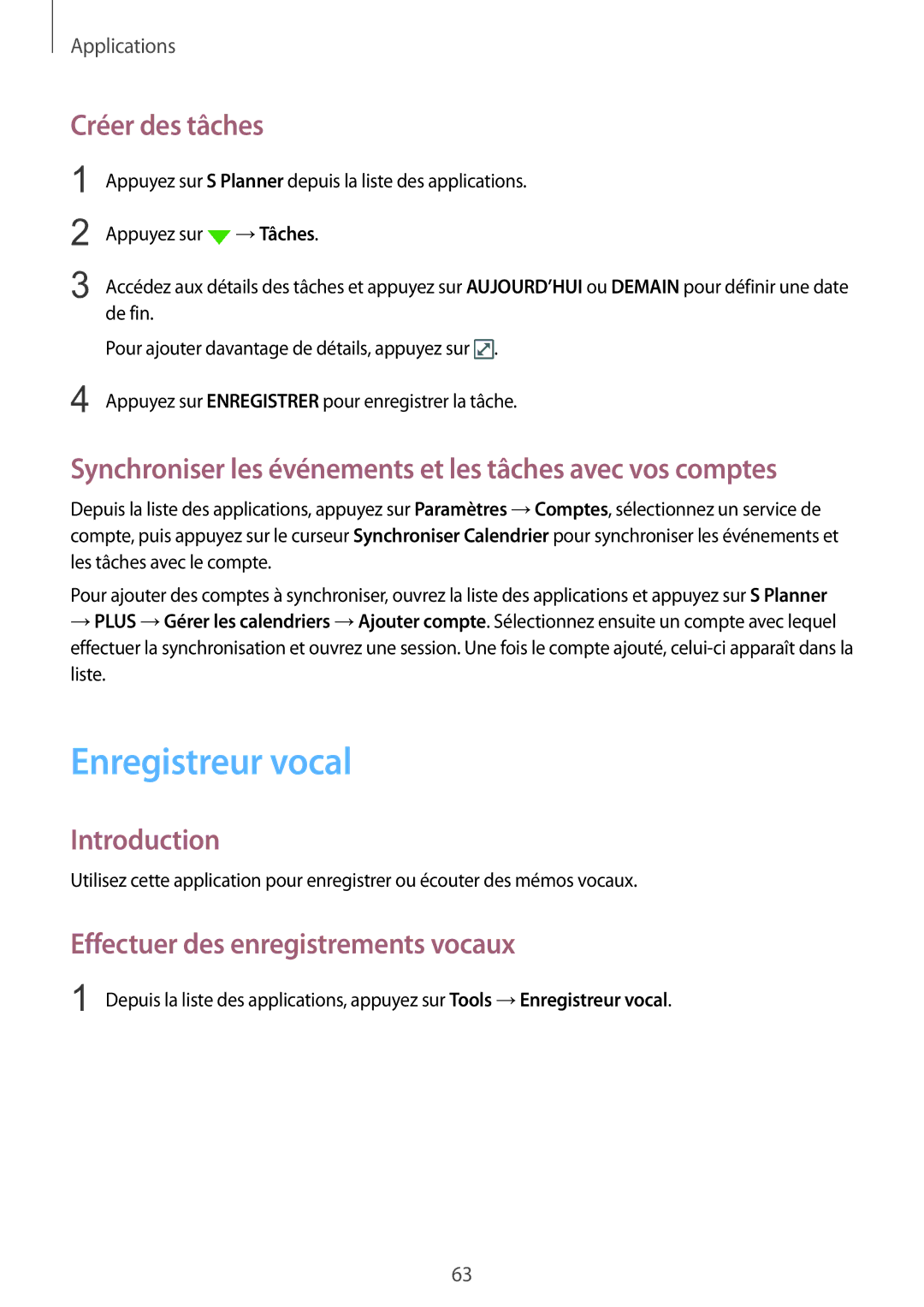 Samsung SM-G389FDSAXEF Enregistreur vocal, Créer des tâches, Synchroniser les événements et les tâches avec vos comptes 