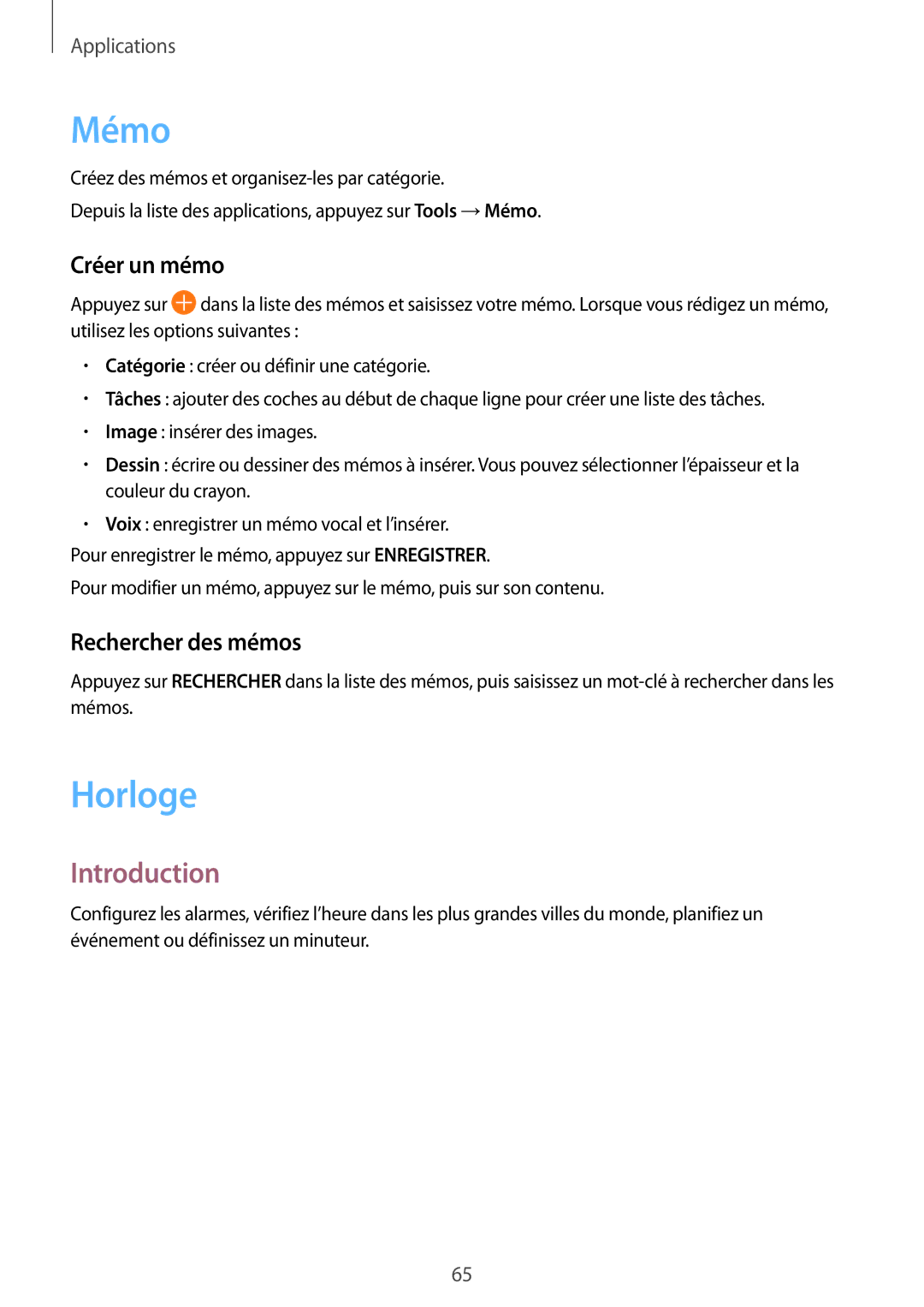 Samsung SM-G389FDSAXEF manual Mémo, Horloge, Créer un mémo, Rechercher des mémos 