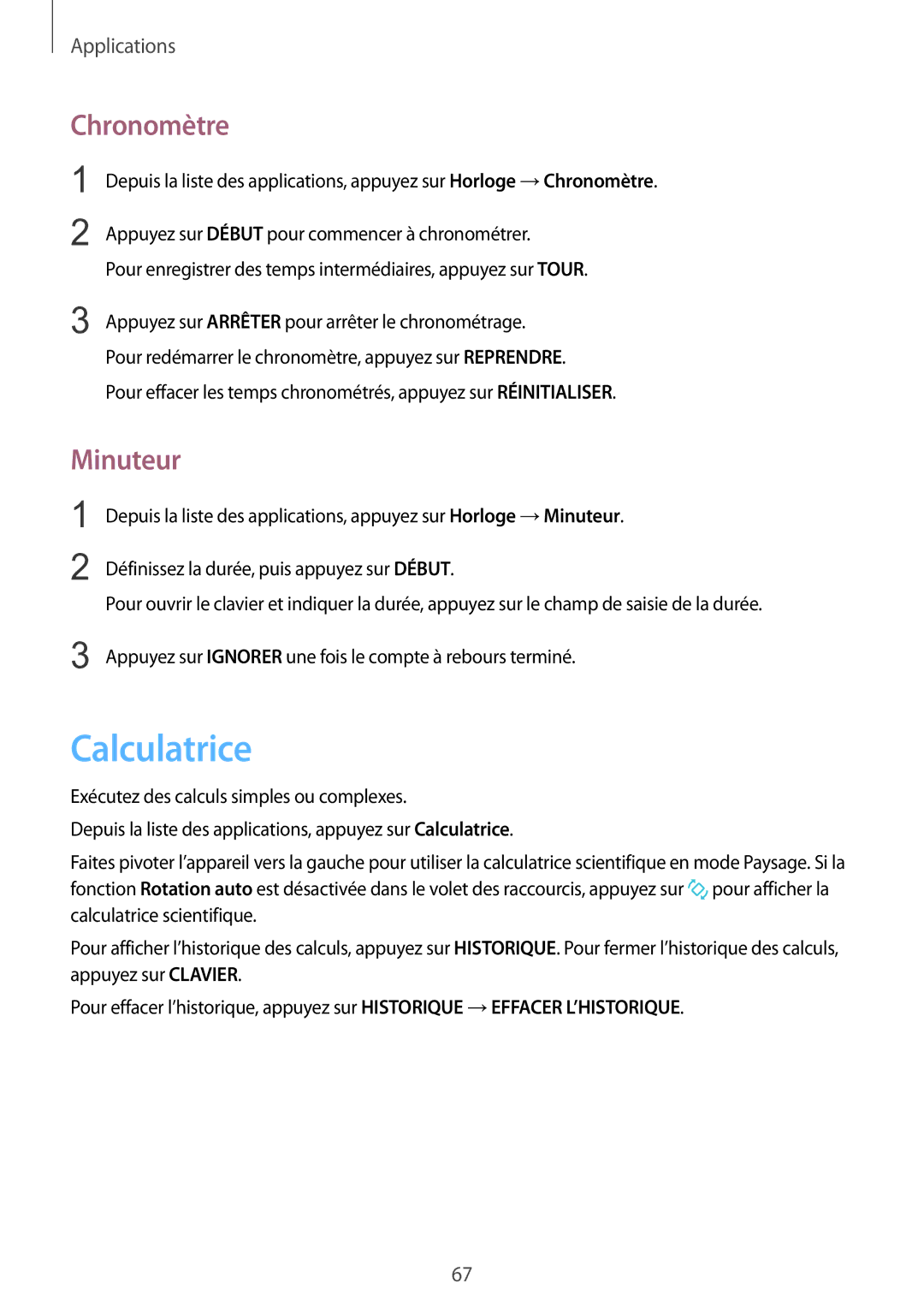 Samsung SM-G389FDSAXEF manual Calculatrice, Chronomètre, Minuteur 