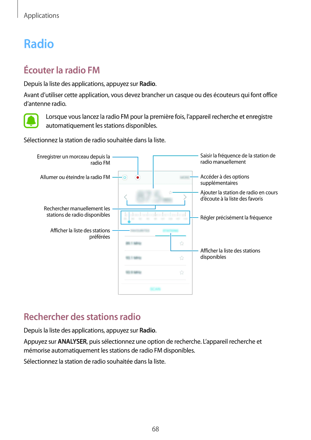 Samsung SM-G389FDSAXEF manual Radio, Écouter la radio FM, Rechercher des stations radio 