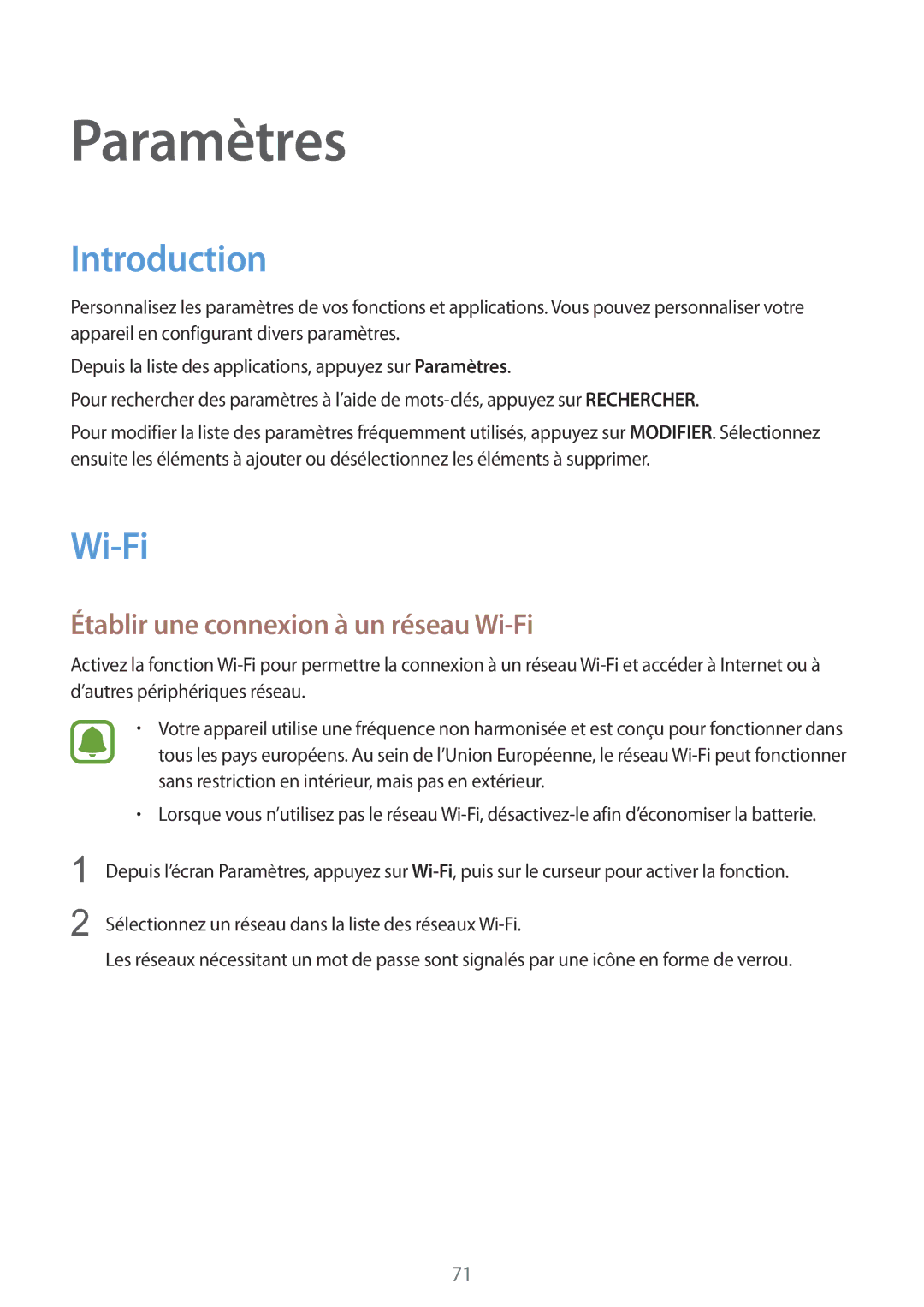 Samsung SM-G389FDSAXEF manual Introduction, Établir une connexion à un réseau Wi-Fi 