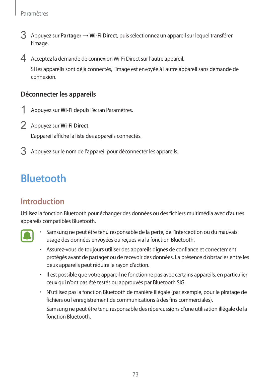 Samsung SM-G389FDSAXEF manual Bluetooth, Déconnecter les appareils 