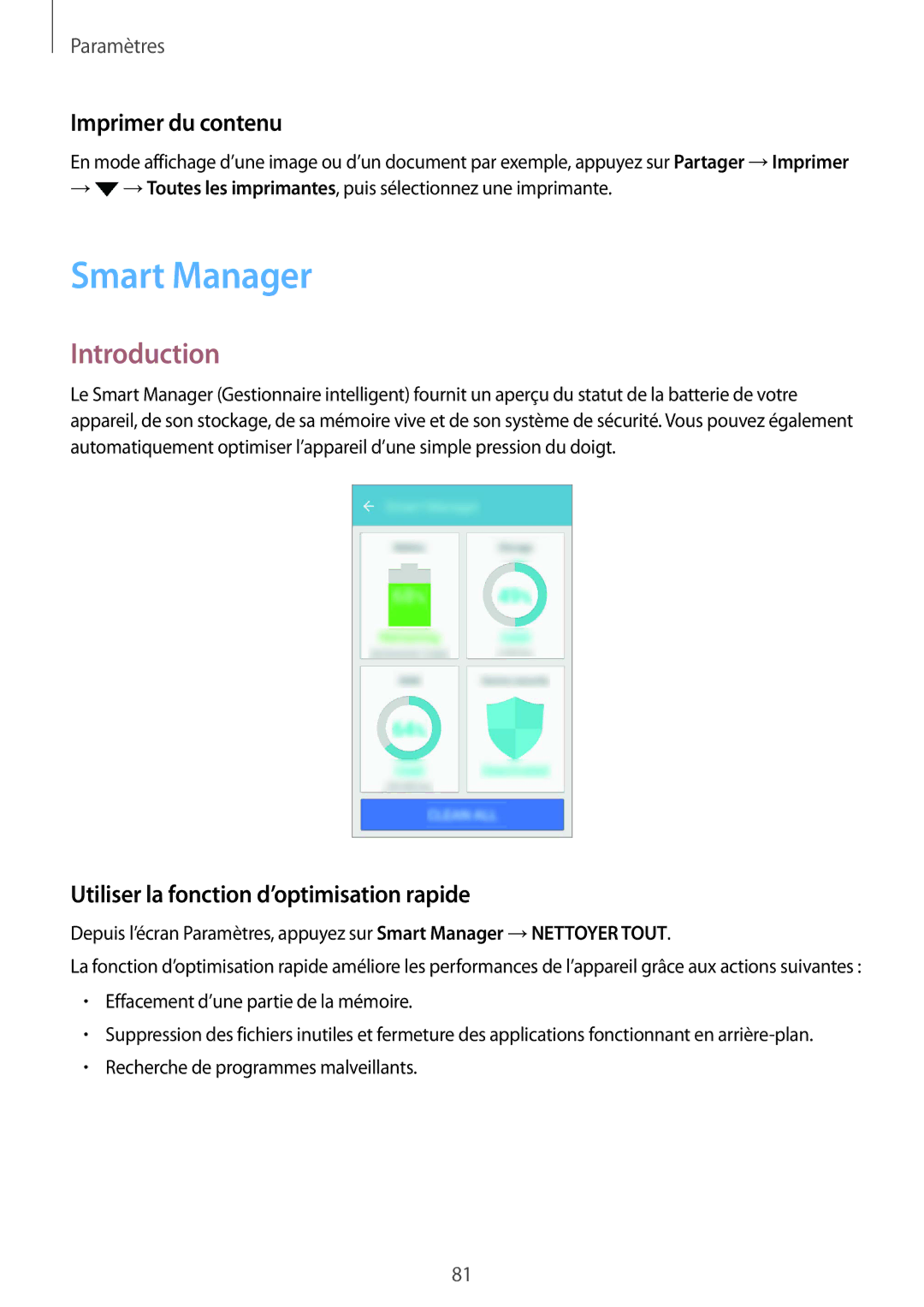 Samsung SM-G389FDSAXEF manual Smart Manager, Imprimer du contenu, Utiliser la fonction d’optimisation rapide 