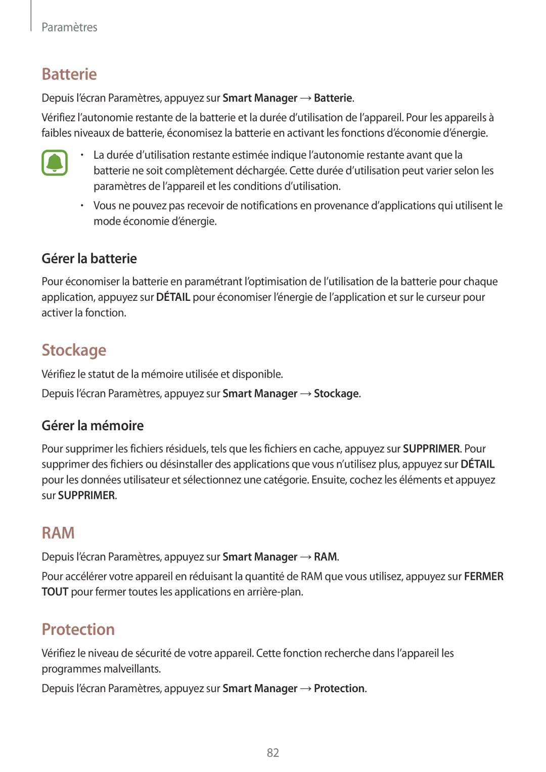 Samsung SM-G389FDSAXEF manual Batterie, Stockage, Protection, Gérer la batterie, Gérer la mémoire 