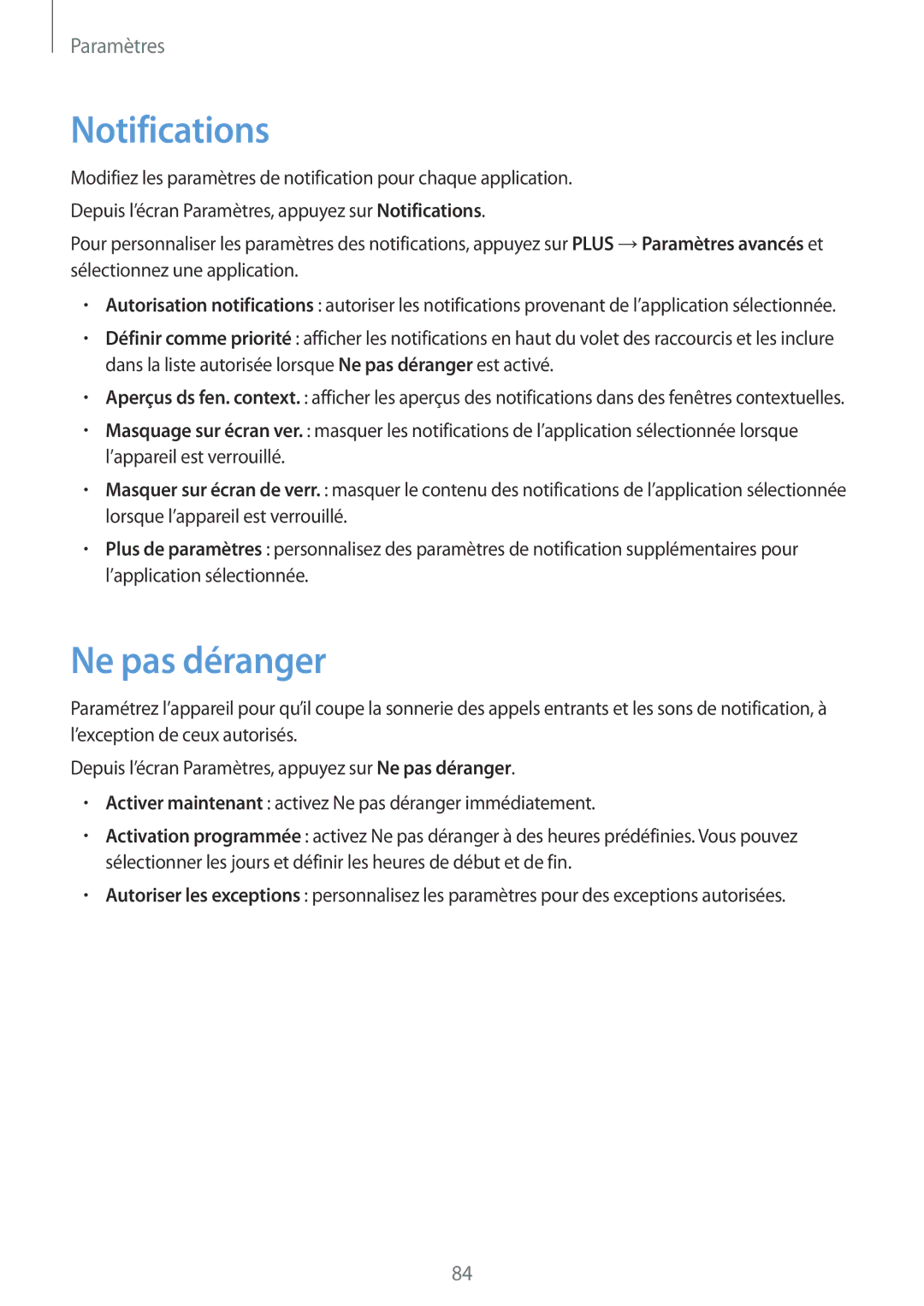 Samsung SM-G389FDSAXEF manual Notifications, Ne pas déranger 