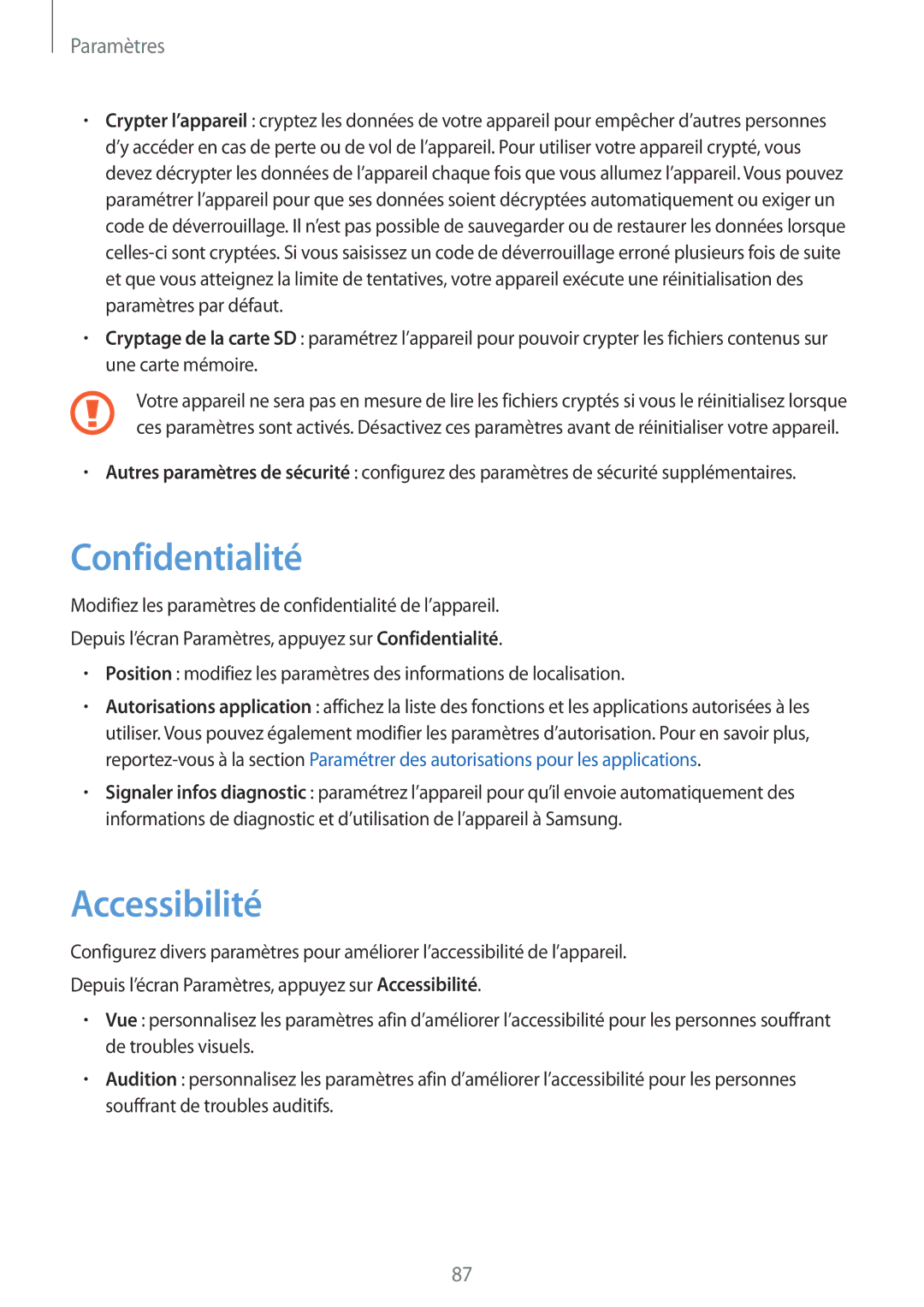 Samsung SM-G389FDSAXEF manual Confidentialité, Accessibilité 