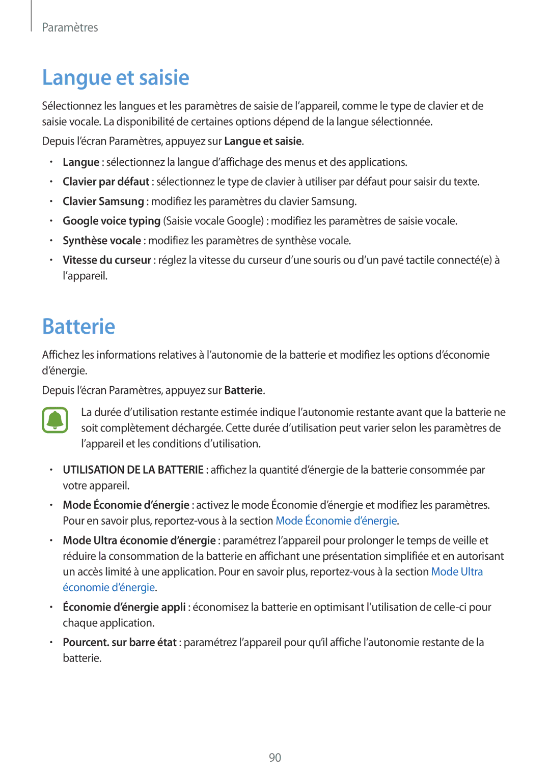 Samsung SM-G389FDSAXEF manual Langue et saisie, Batterie 