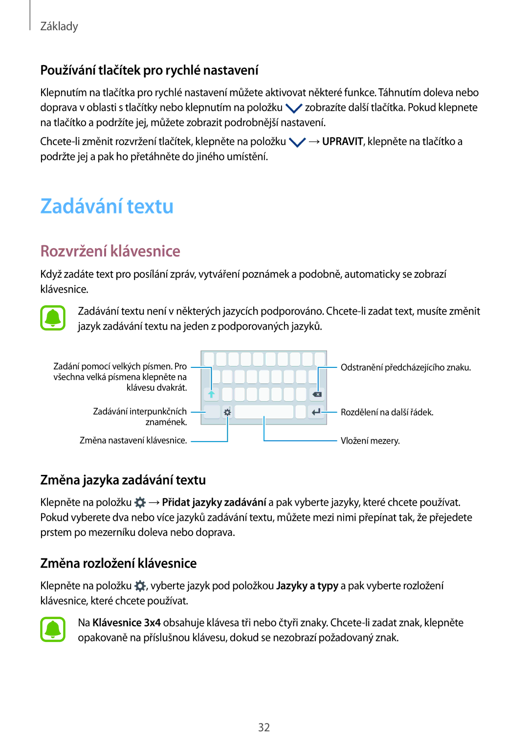 Samsung SM2G389FDSAORX, SM-G389FDSAXEO manual Zadávání textu, Rozvržení klávesnice, Používání tlačítek pro rychlé nastavení 