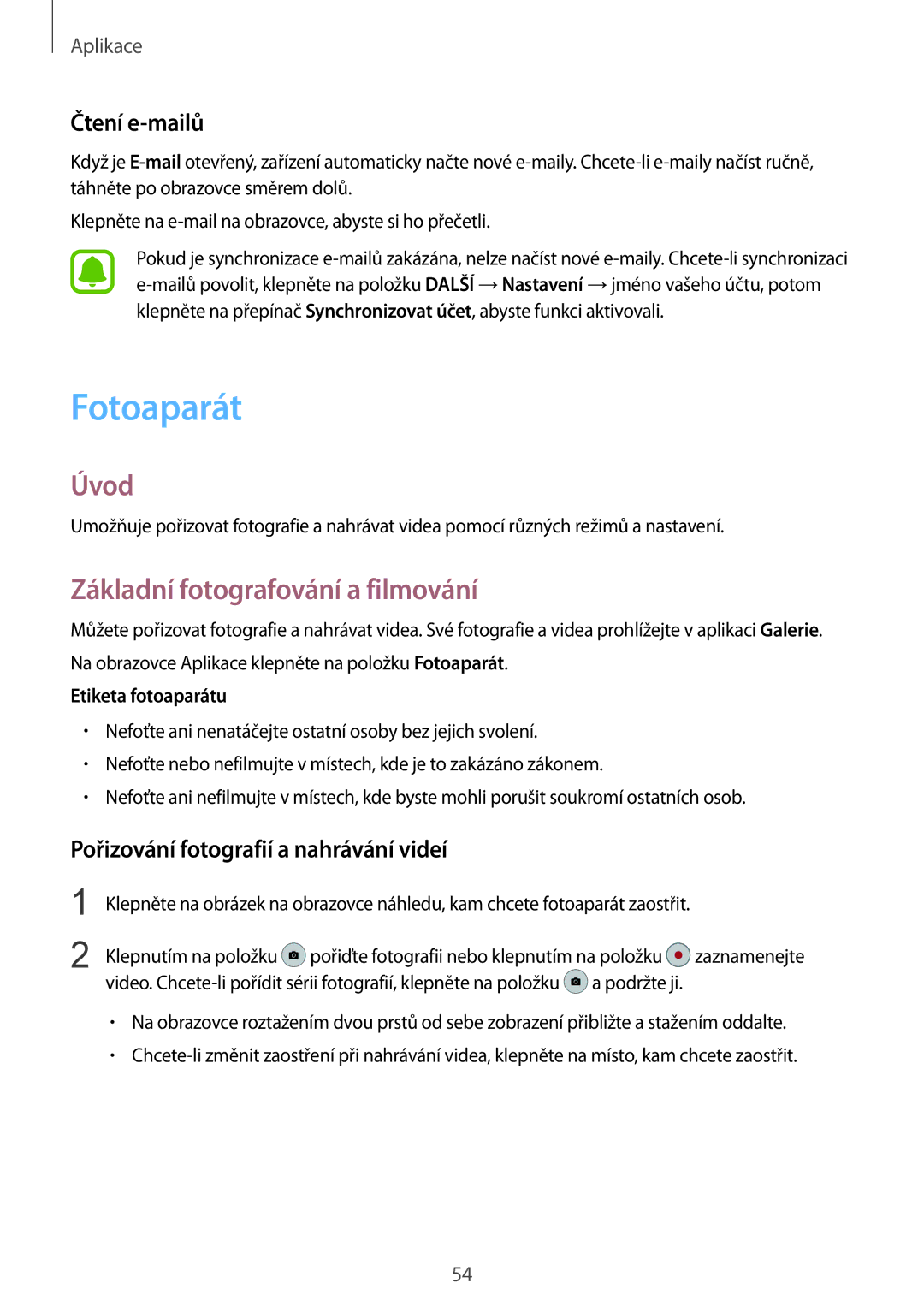 Samsung SM-G389FDSAMOB, SM-G389FDSAXEO, SM-G389FDSAETL manual Fotoaparát, Základní fotografování a filmování, Čtení e-mailů 