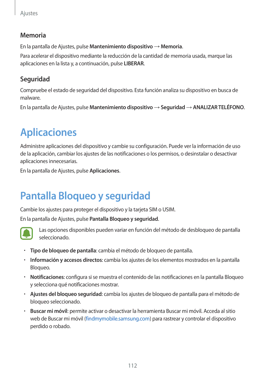 Samsung SM-G390FZKAAMO, SM-G390FZKAPHE, SM-G390FZKAATL manual Aplicaciones, Pantalla Bloqueo y seguridad, Memoria, Seguridad 