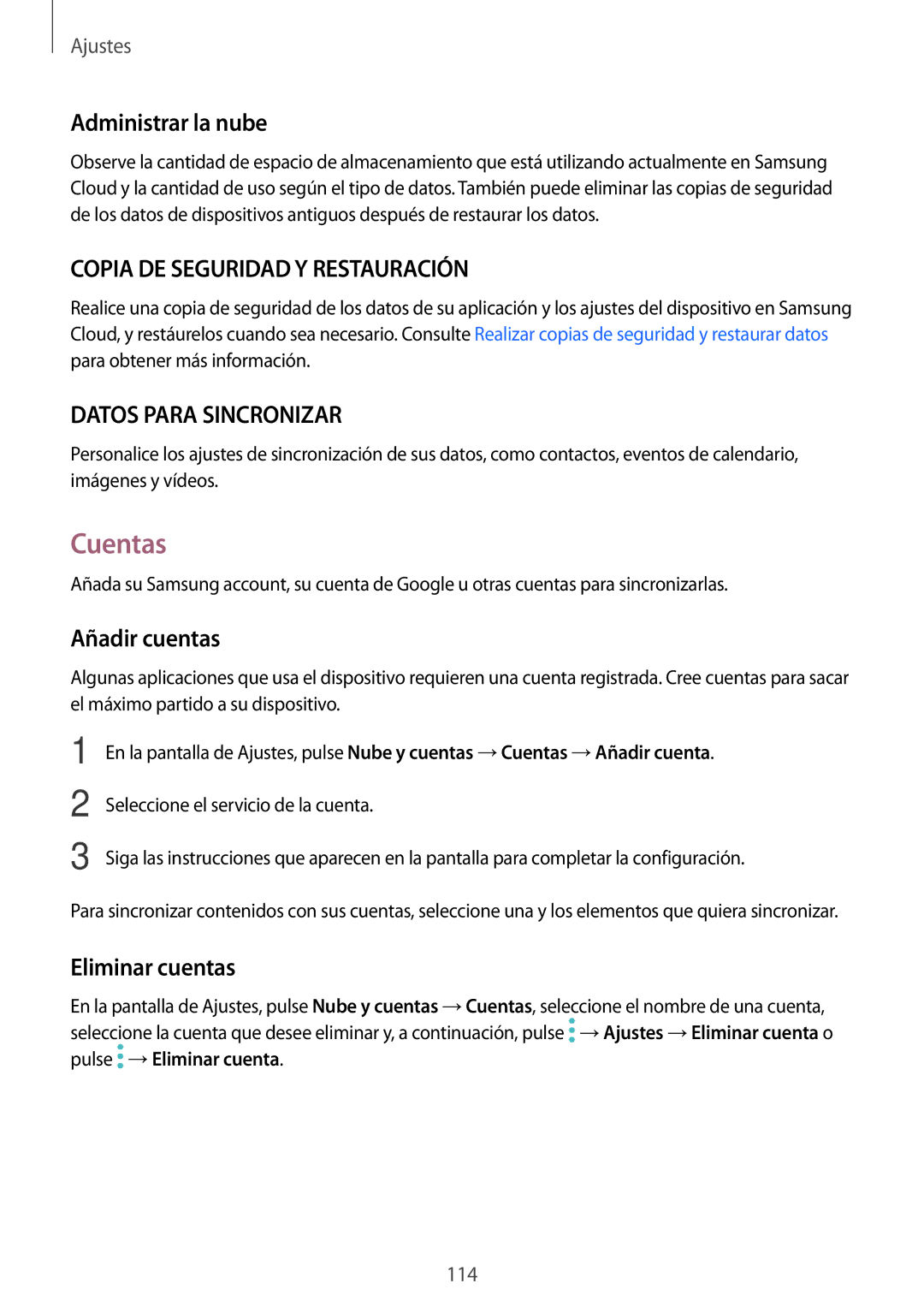 Samsung SM-G390FZKAATL, SM-G390FZKAAMO, SM-G390FZKAPHE manual Cuentas, Administrar la nube, Añadir cuentas, Eliminar cuentas 
