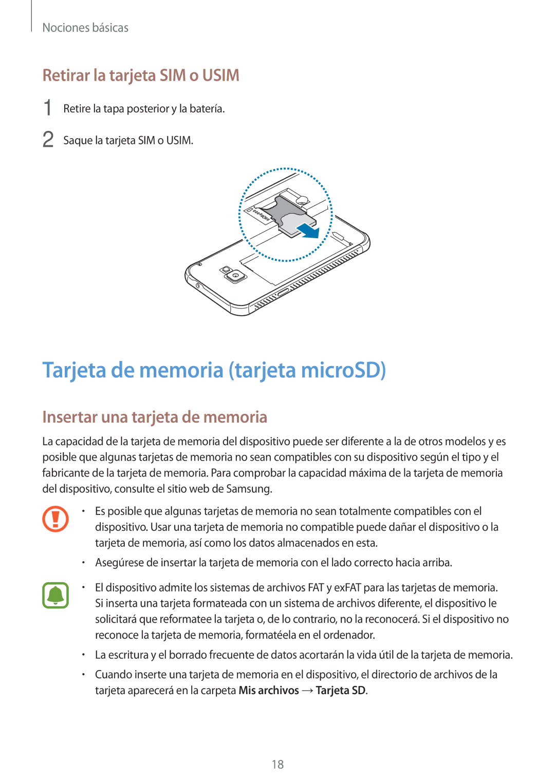 Samsung SM-G390FZKAATL Tarjeta de memoria tarjeta microSD, Retirar la tarjeta SIM o Usim, Insertar una tarjeta de memoria 