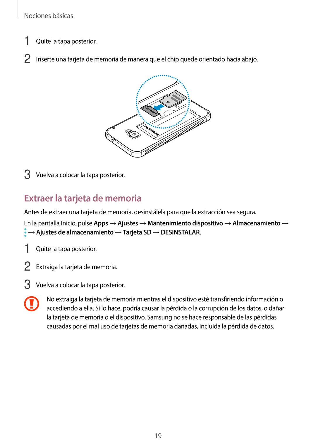 Samsung SM-G390FZKAXEC, SM-G390FZKAAMO, SM-G390FZKAPHE, SM-G390FZKAATL manual Extraer la tarjeta de memoria 