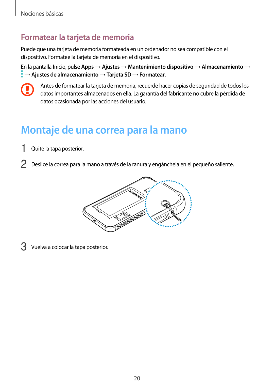 Samsung SM-G390FZKAAMO, SM-G390FZKAPHE, SM-G390FZKAATL Montaje de una correa para la mano, Formatear la tarjeta de memoria 