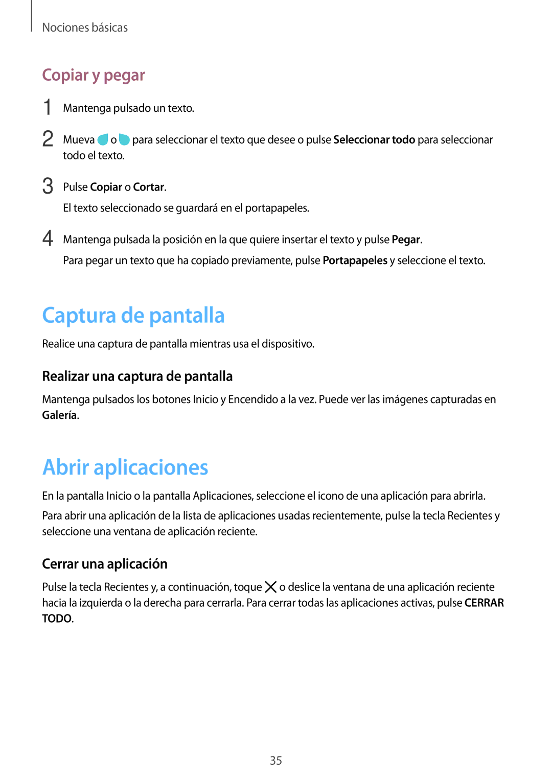 Samsung SM-G390FZKAXEC manual Captura de pantalla, Abrir aplicaciones, Copiar y pegar, Realizar una captura de pantalla 