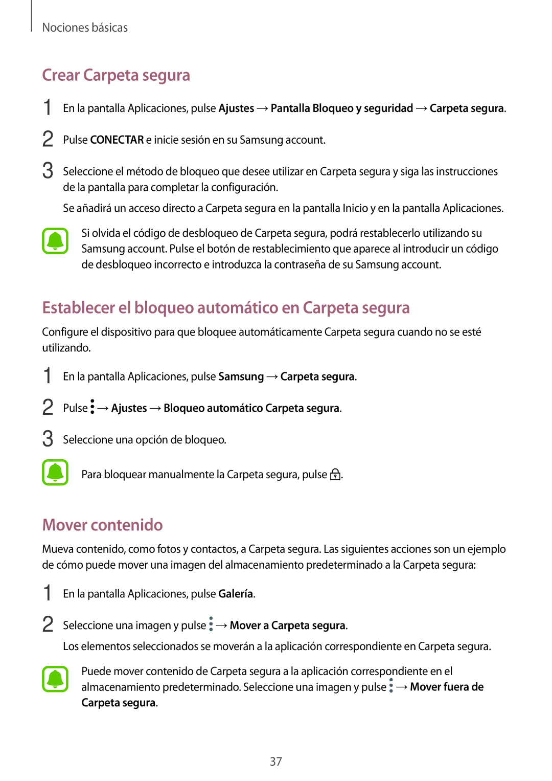 Samsung SM-G390FZKAPHE manual Crear Carpeta segura, Establecer el bloqueo automático en Carpeta segura, Mover contenido 