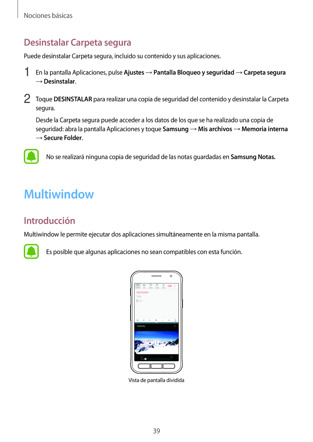 Samsung SM-G390FZKAXEC, SM-G390FZKAAMO, SM-G390FZKAPHE, SM-G390FZKAATL manual Multiwindow, Desinstalar Carpeta segura 