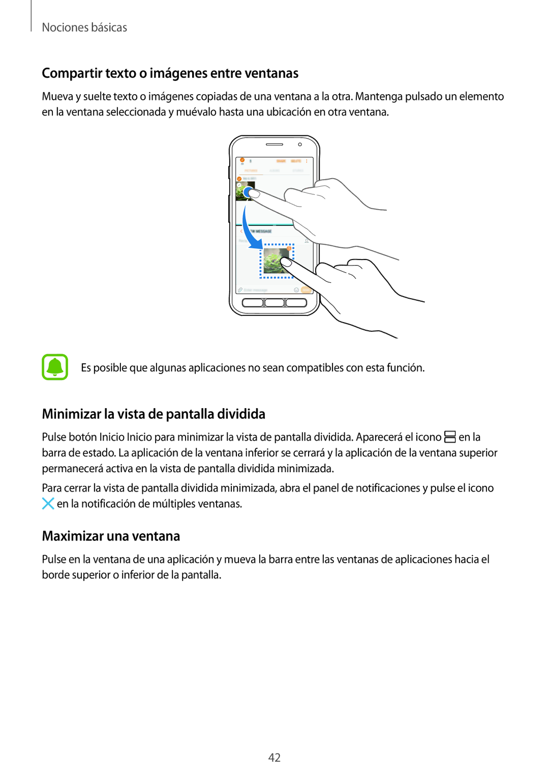 Samsung SM-G390FZKAATL, SM-G390FZKAAMO Compartir texto o imágenes entre ventanas, Minimizar la vista de pantalla dividida 