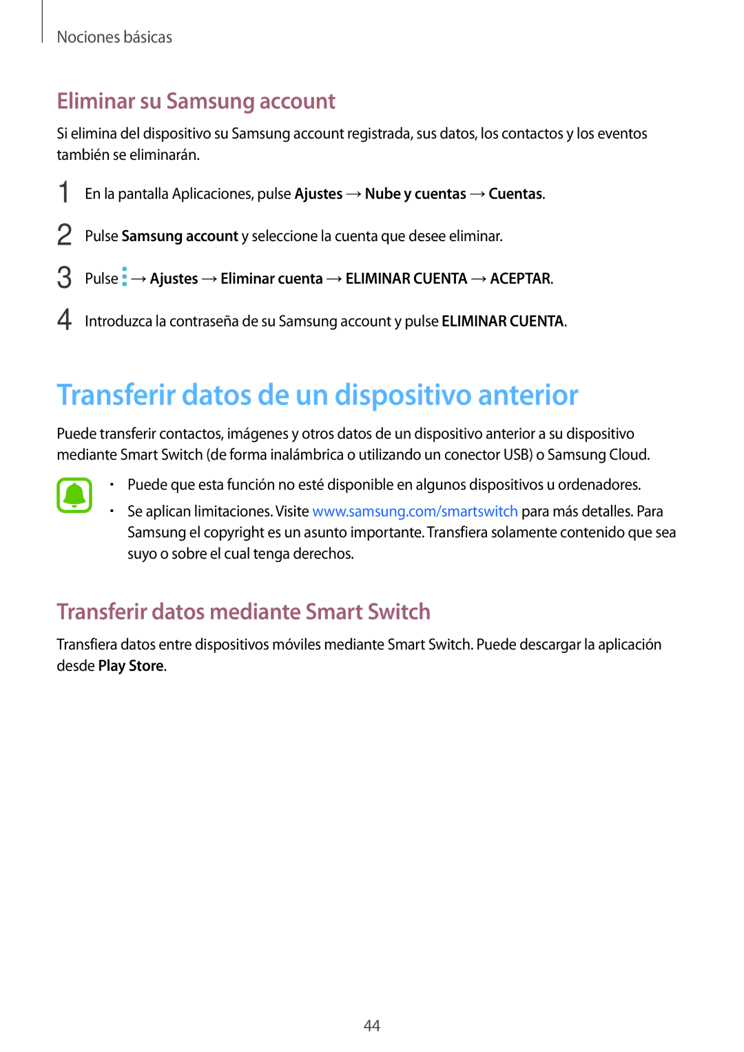 Samsung SM-G390FZKAAMO, SM-G390FZKAPHE manual Transferir datos de un dispositivo anterior, Eliminar su Samsung account 