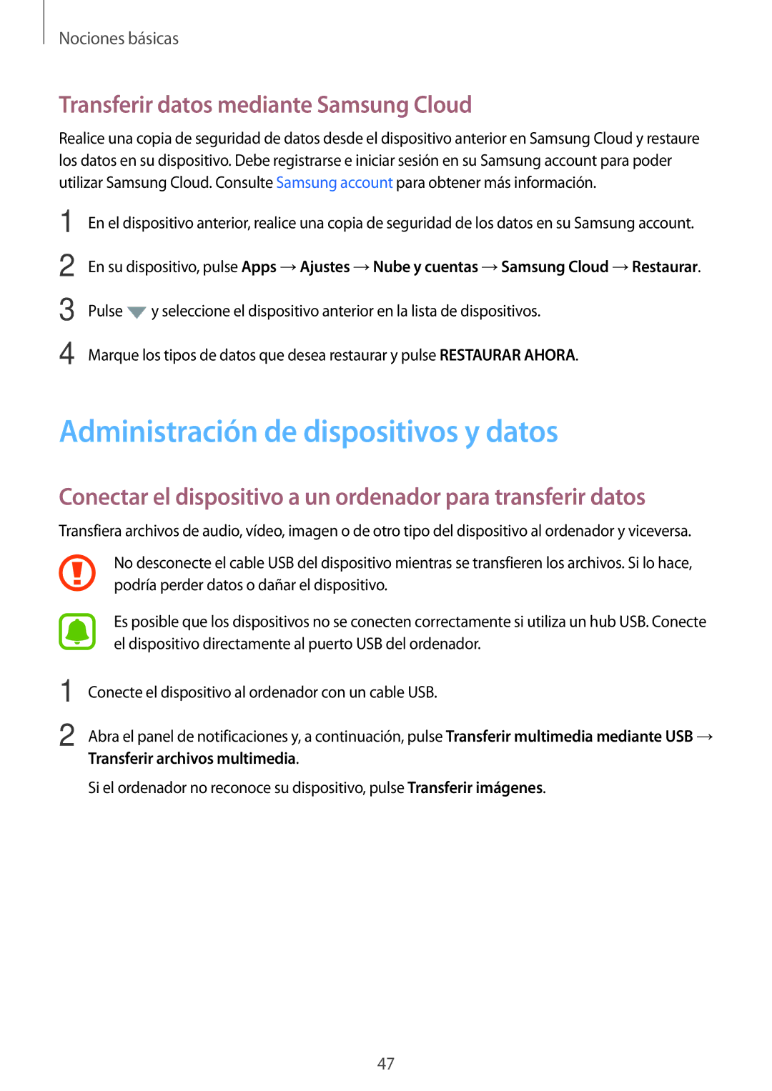 Samsung SM-G390FZKAXEC, SM-G390FZKAAMO Administración de dispositivos y datos, Transferir datos mediante Samsung Cloud 