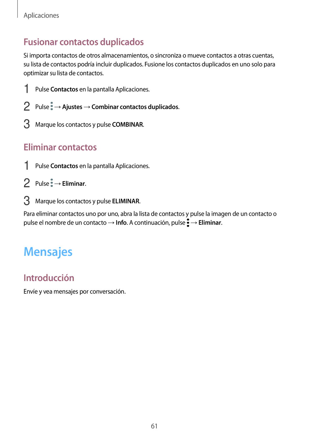 Samsung SM-G390FZKAPHE, SM-G390FZKAAMO, SM-G390FZKAATL manual Mensajes, Fusionar contactos duplicados, Eliminar contactos 