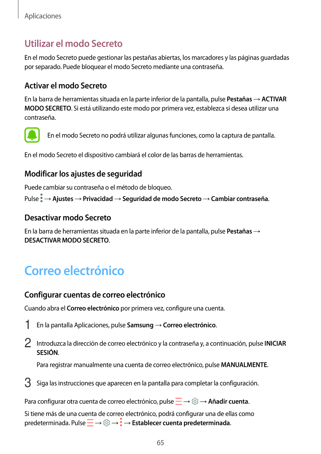 Samsung SM-G390FZKAPHE, SM-G390FZKAAMO, SM-G390FZKAATL, SM-G390FZKAXEC manual Correo electrónico, Utilizar el modo Secreto 