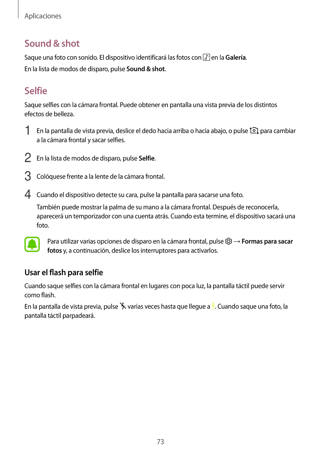 Samsung SM-G390FZKAPHE, SM-G390FZKAAMO, SM-G390FZKAATL, SM-G390FZKAXEC manual Sound & shot, Selfie, Usar el flash para selfie 