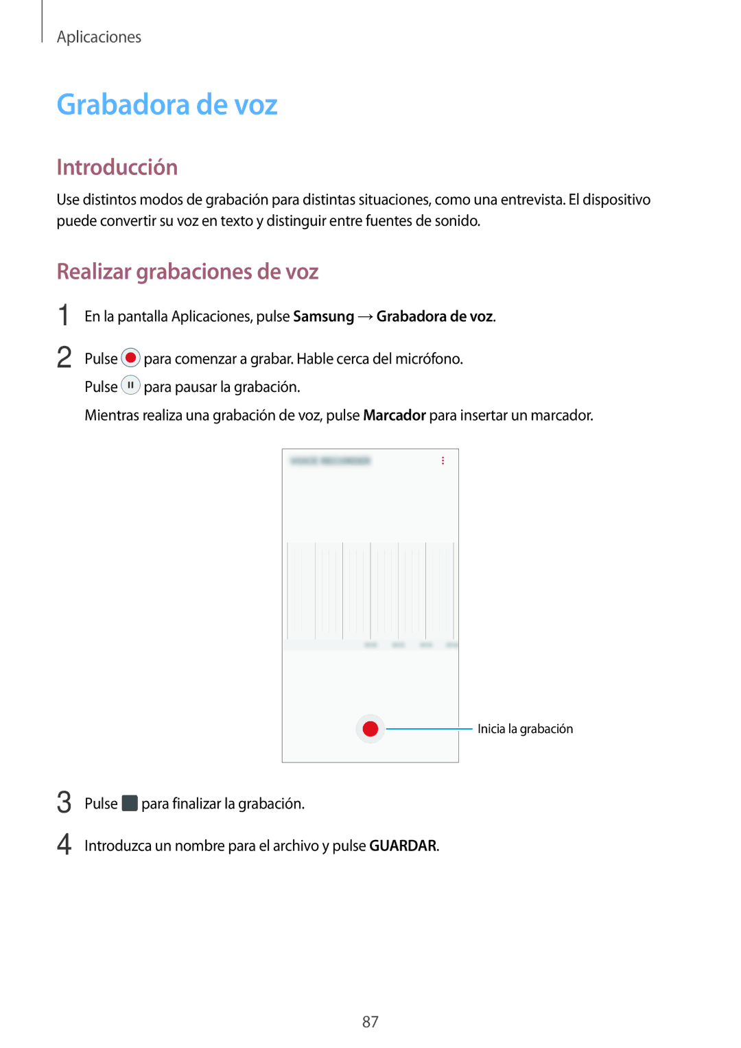 Samsung SM-G390FZKAXEC, SM-G390FZKAAMO, SM-G390FZKAPHE, SM-G390FZKAATL manual Grabadora de voz, Realizar grabaciones de voz 