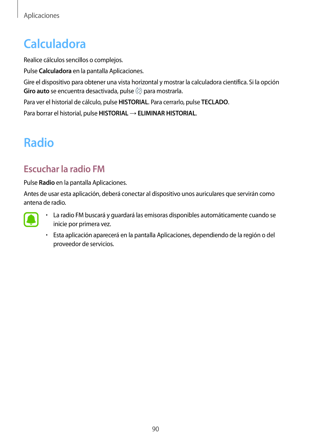 Samsung SM-G390FZKAATL, SM-G390FZKAAMO, SM-G390FZKAPHE, SM-G390FZKAXEC manual Calculadora, Radio, Escuchar la radio FM 