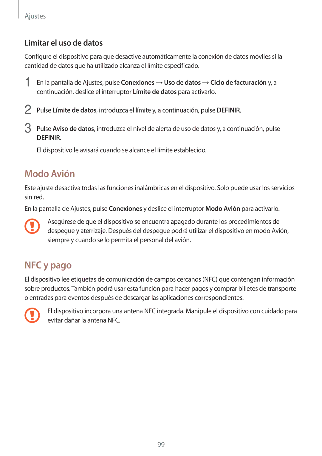 Samsung SM-G390FZKAXEC, SM-G390FZKAAMO, SM-G390FZKAPHE, SM-G390FZKAATL manual Modo Avión, NFC y pago, Limitar el uso de datos 