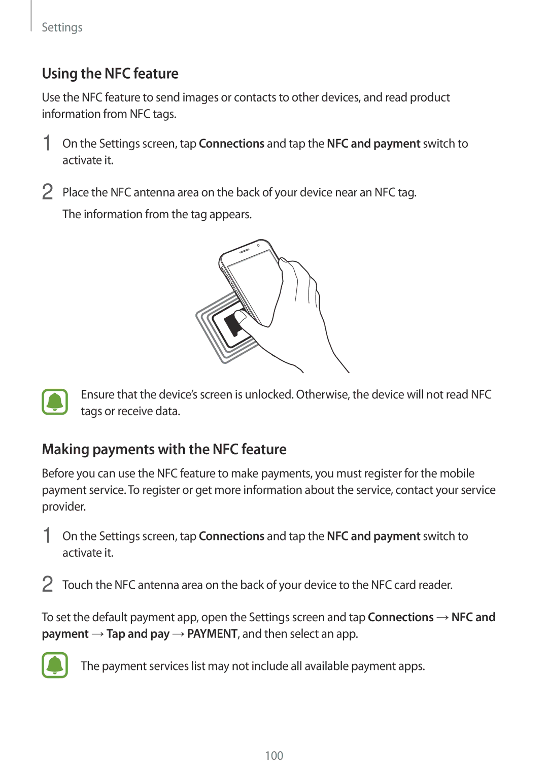 Samsung SM-G390FZKACYV, SM-G390FZKADBT, SM-G390FZKAXEF manual Using the NFC feature, Making payments with the NFC feature 