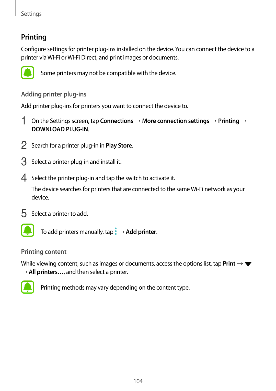 Samsung SM-G390FZKAITV, SM-G390FZKADBT, SM-G390FZKAXEF, SM-G390FZKAAMO, SM-G390FZKAPHE manual Printing, Adding printer plug-ins 