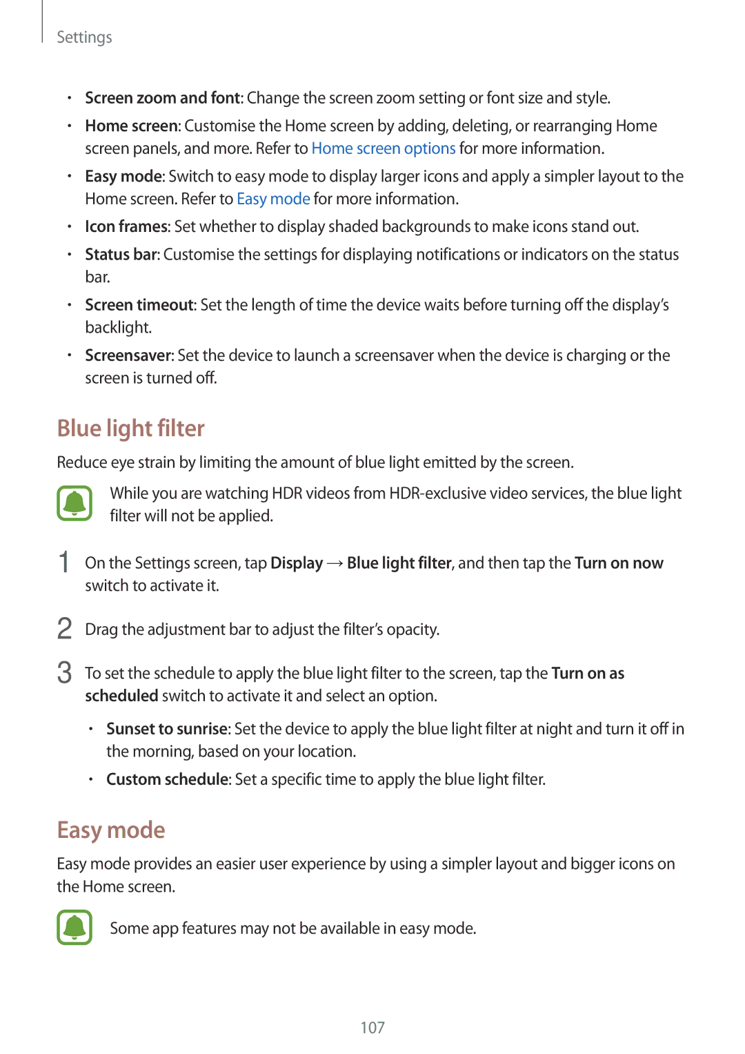 Samsung SM-G390FZKAATL, SM-G390FZKADBT, SM-G390FZKAXEF, SM-G390FZKAITV, SM-G390FZKAAMO manual Blue light filter, Easy mode 