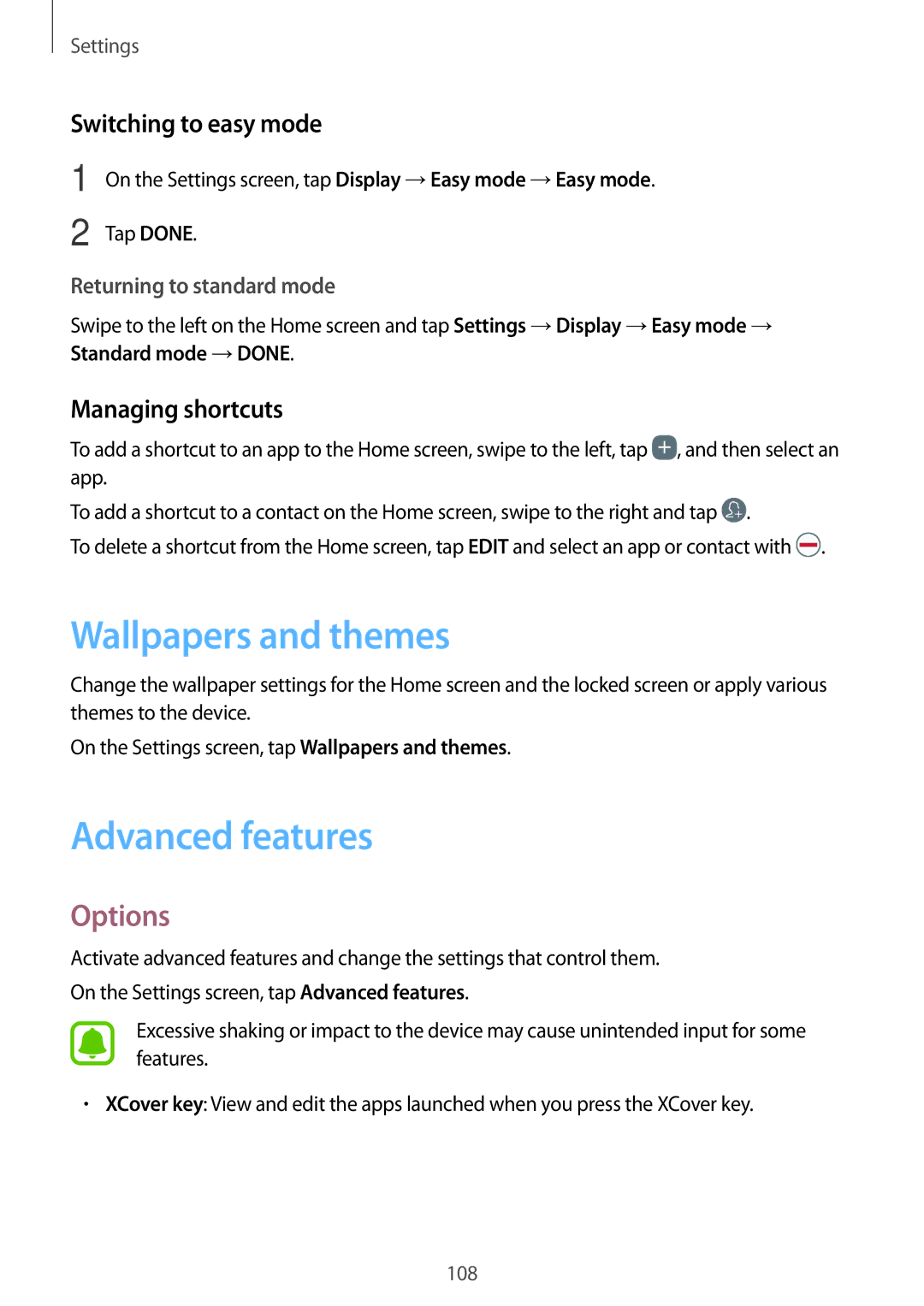 Samsung SM-G390FZKAXEC manual Wallpapers and themes, Advanced features, Switching to easy mode, Managing shortcuts 