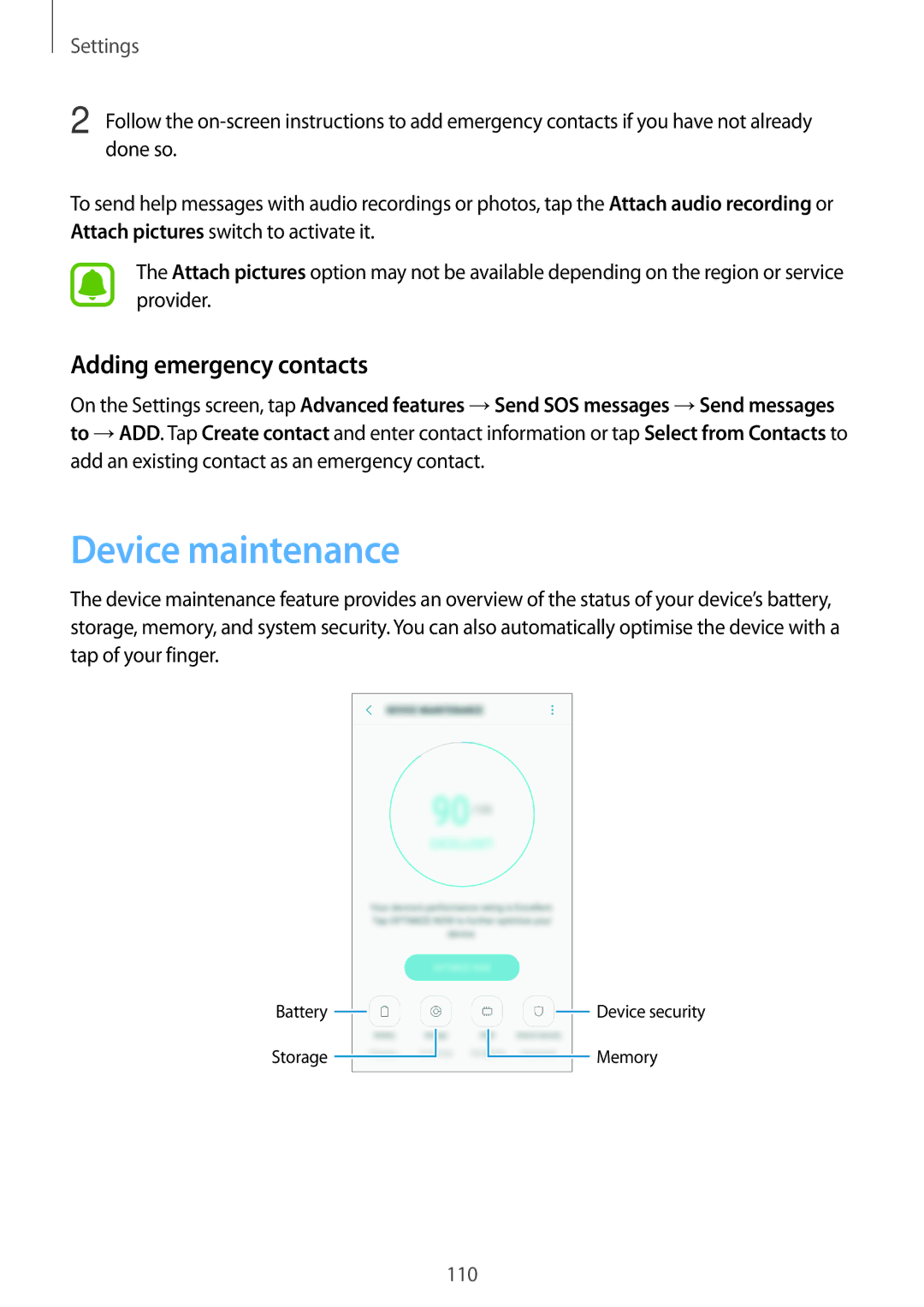 Samsung SM-G390FZKASEE, SM-G390FZKADBT, SM-G390FZKAXEF, SM-G390FZKAITV manual Device maintenance, Adding emergency contacts 