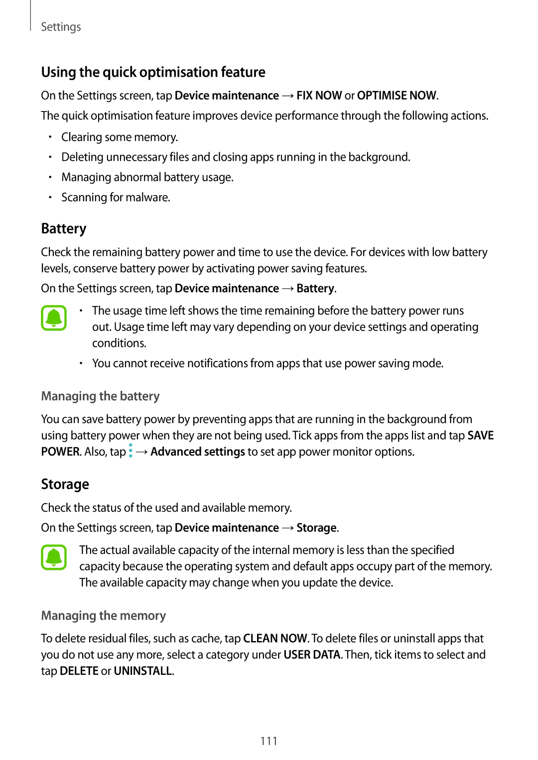 Samsung SM-G390FZKAETL, SM-G390FZKADBT, SM-G390FZKAXEF manual Using the quick optimisation feature, Battery, Storage 