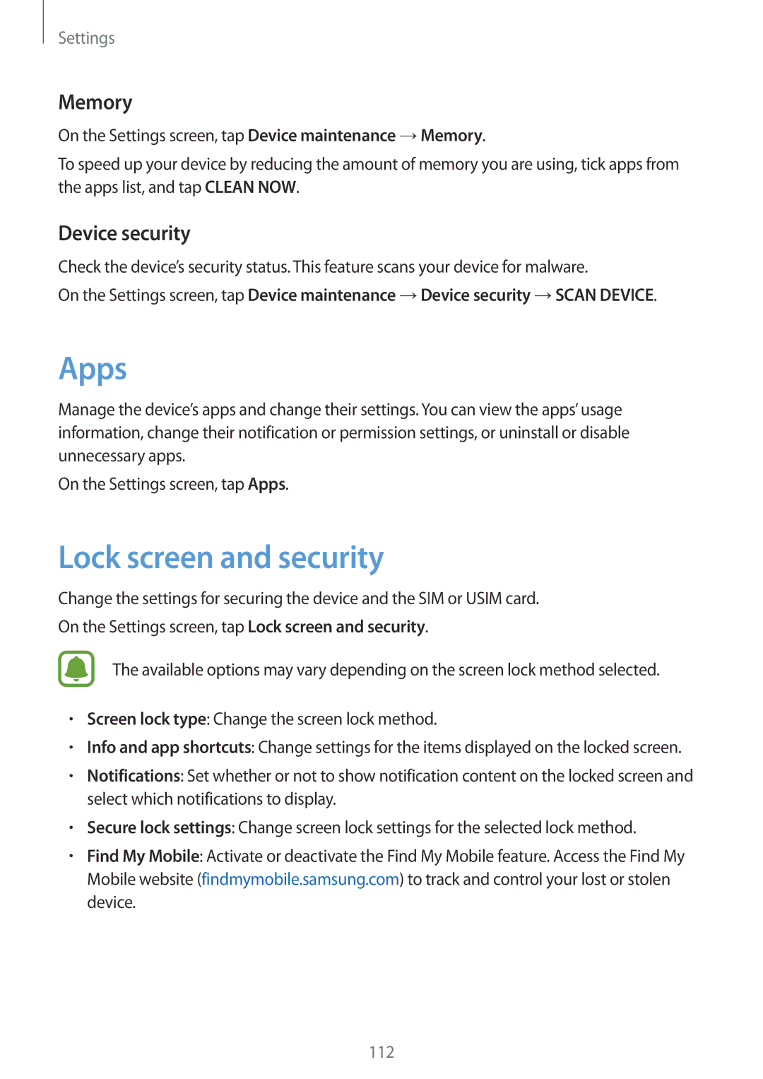 Samsung SM-G390FZKANEE, SM-G390FZKADBT, SM-G390FZKAXEF manual Apps, Lock screen and security, Memory, Device security 