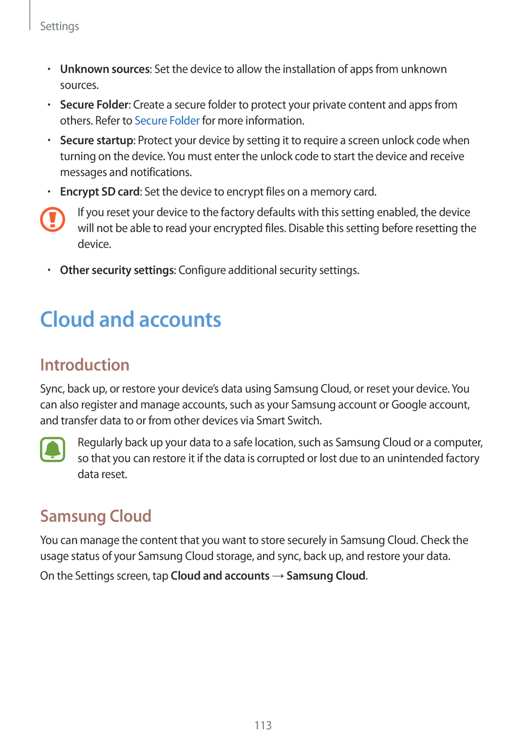 Samsung SM-G390FZKASEB, SM-G390FZKADBT, SM-G390FZKAXEF, SM-G390FZKAITV, SM-G390FZKAAMO manual Cloud and accounts, Samsung Cloud 