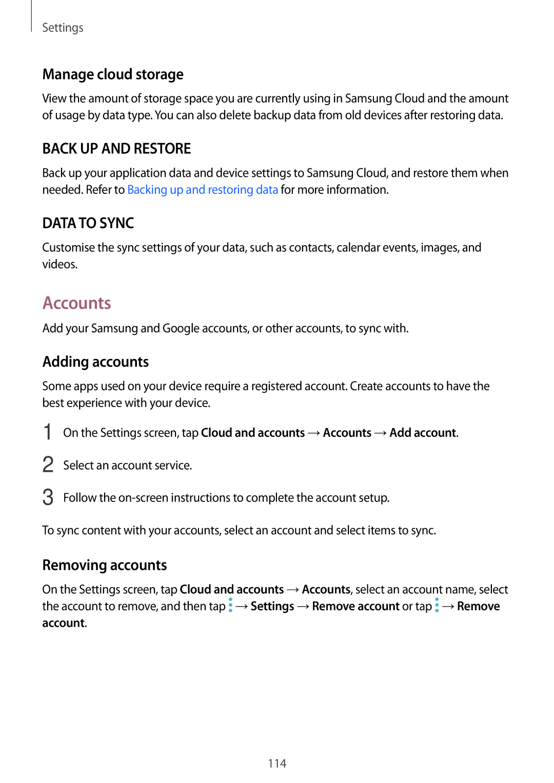 Samsung SM-G390FZKAVGR, SM-G390FZKADBT, SM-G390FZKAXEF Accounts, Manage cloud storage, Adding accounts, Removing accounts 